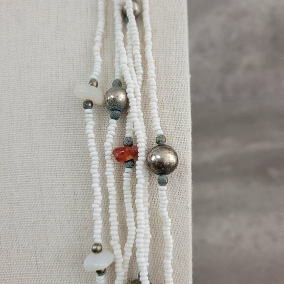 Vintage Multi Strand Seed Bead Necklace Silver Tone Red Accent Boho 12" - Picture 5 of 11